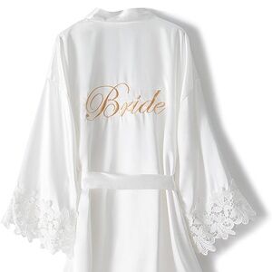White Satin Bridal Robe with Lace Details